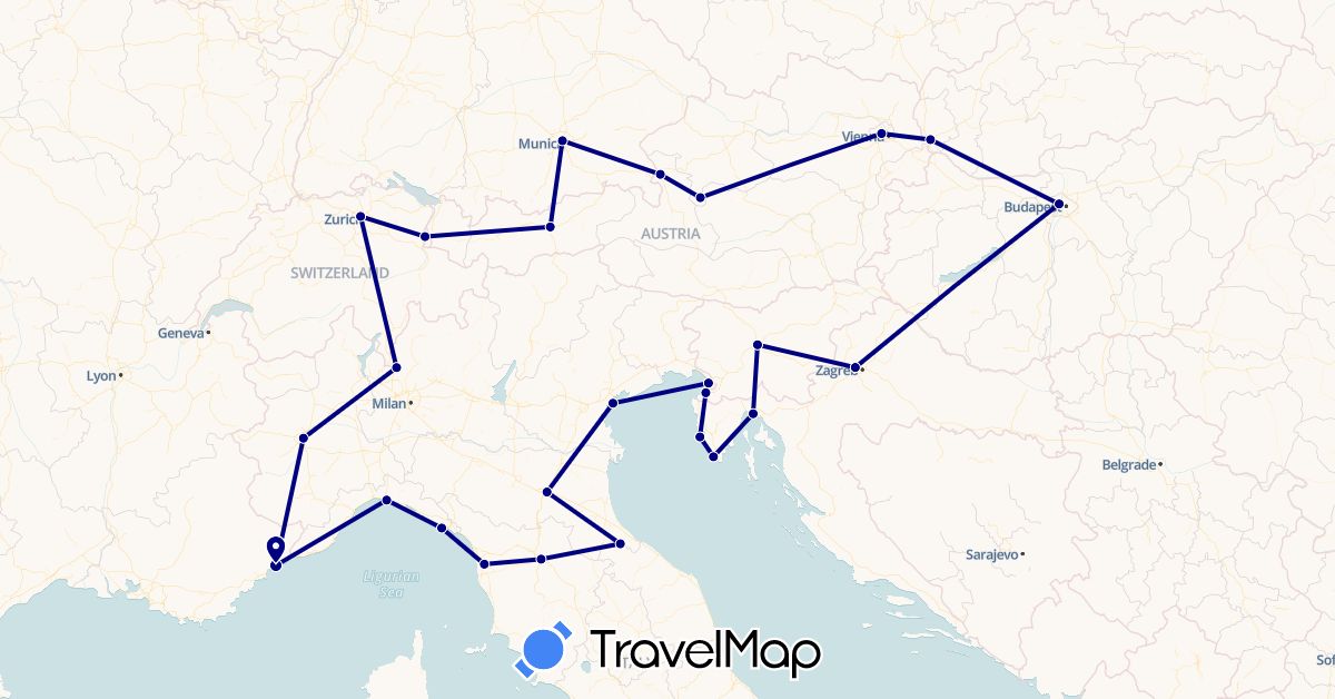 TravelMap itinerary: driving in Austria, Switzerland, Germany, France, Croatia, Hungary, Italy, Liechtenstein, Slovenia, Slovakia, San Marino (Europe)